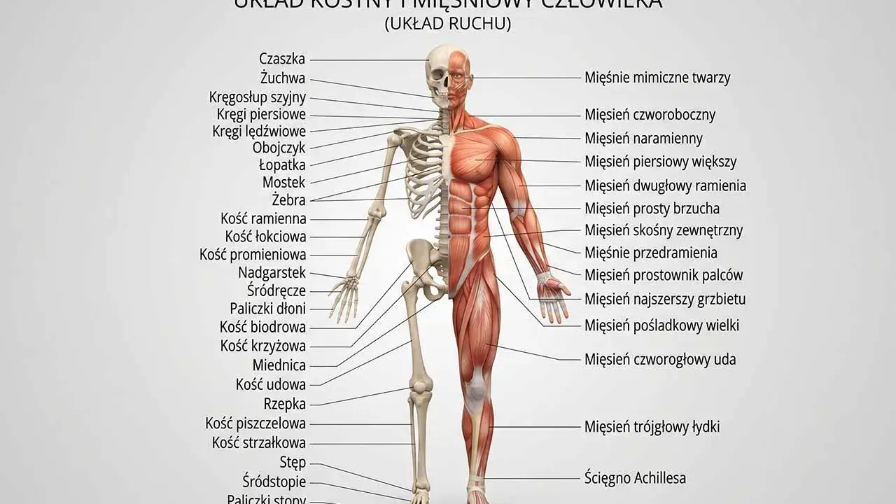 Anatomia człowieka: szkielet i mięśnie. Widoczne mięśnie szkieletowe ramienia, brzucha i nogi, obok kości.