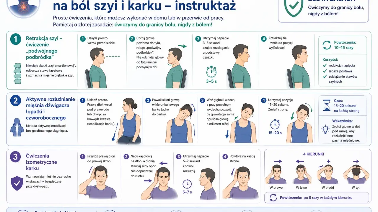 Ćwiczenia na ból szyi i karku: retrakcja szyi, rozluźnianie mięśni, ćwiczenia izometryczne. Pomagają przy skręconym karku.