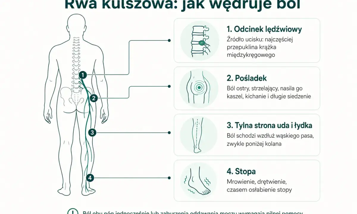 Ilustracja pokazuje, jak ból rwy kulszowej promieniuje od odcinka lędźwiowego przez pośladek, udo, łydkę aż do stopy. To klucz do zrozumienia najskuteczniejszej metody na rwę kulszową.