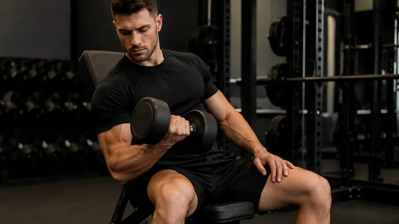 Mężczyzna w czarnym T-shircie wykonuje trening oporowy, podnosząc hantle. Skupiony na ćwiczeniu bicepsów.