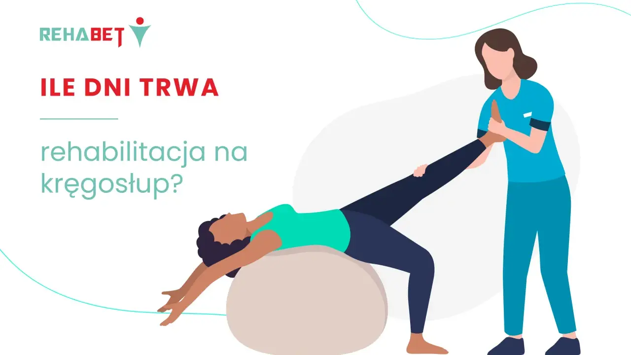 Rehabilitacja kręgosłupa: fizjoterapeuta pomaga pacjentce w ćwiczeniach na piłce. Dowiedz się, ile trwa rehabilitacja.