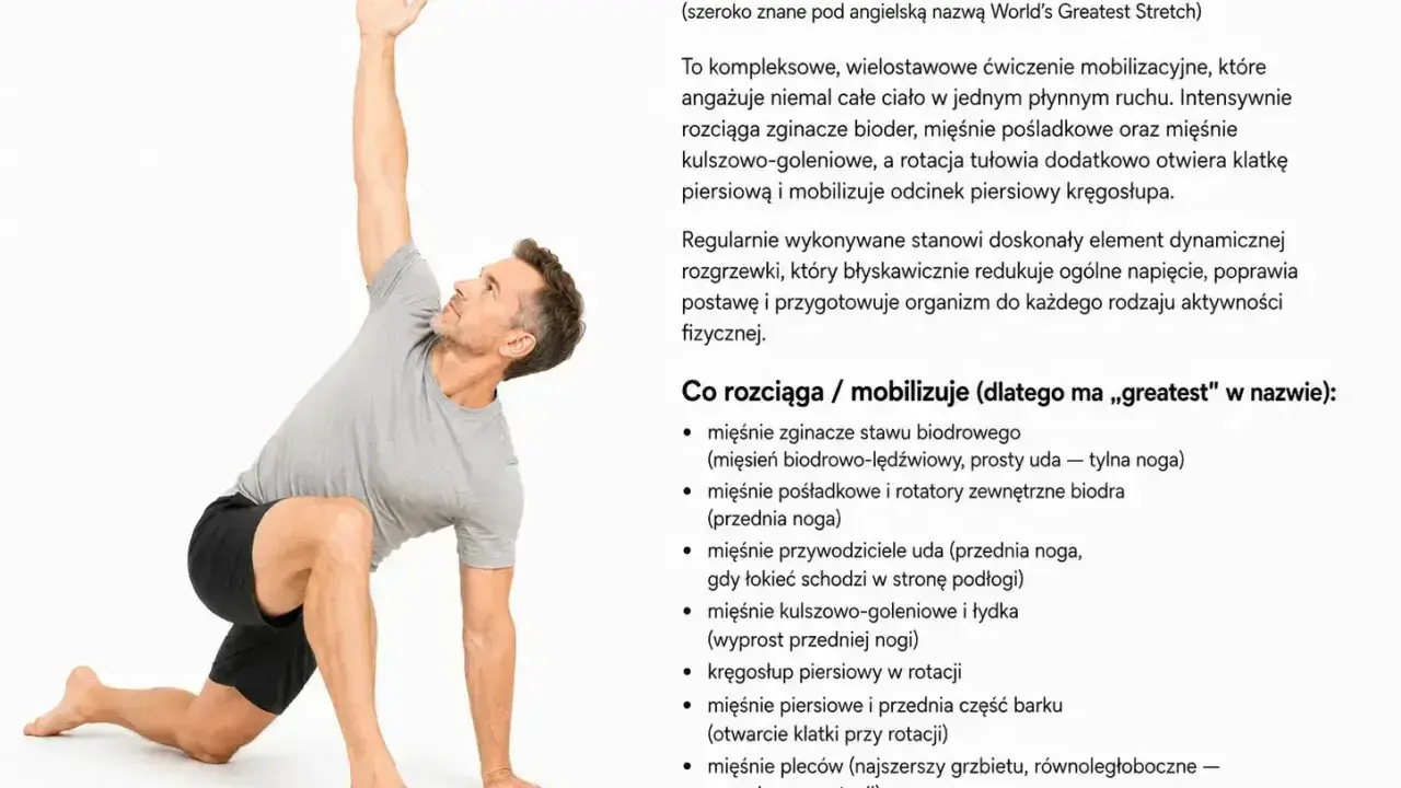 Mężczyzna wykonuje ćwiczenia na powięź, znane jako World's Greatest Stretch. Rozciąga biodra, nogi i tułów.
