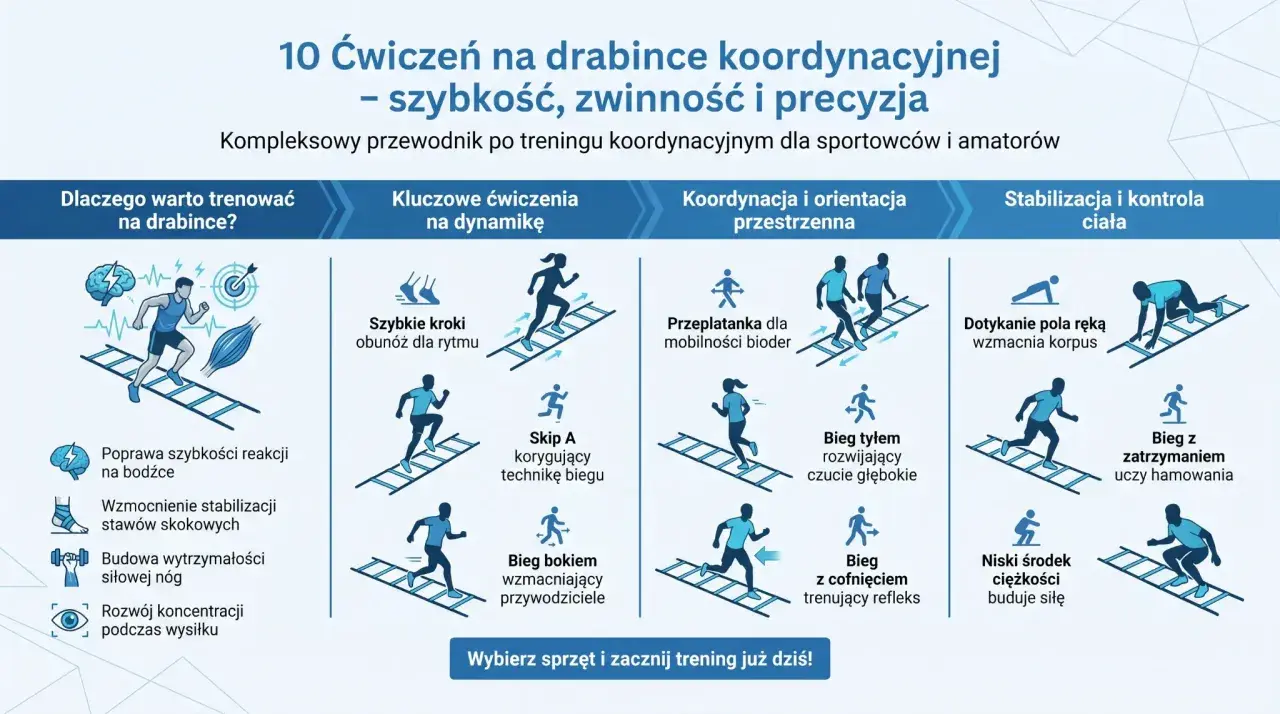 Bieg tyłem na drabince koordynacyjnej rozwija czucie głębokie, poprawiając kontrolę nad ciałem.