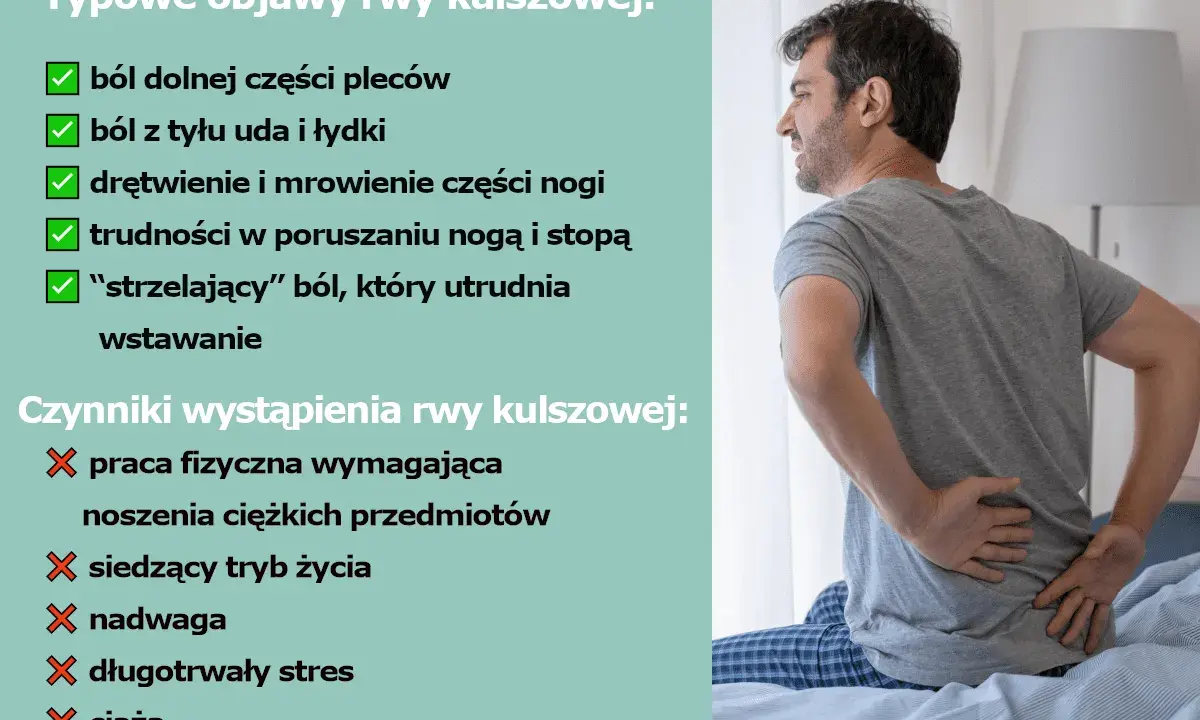 Mężczyzna z rwą kulszową, cierpiący na ból pleców, który może być spowodowany pracą fizyczną.