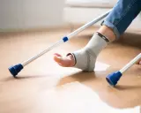 Noga w ortezie kostki, podparta kulami łokciowymi, czeka na powrót do zdrowia.