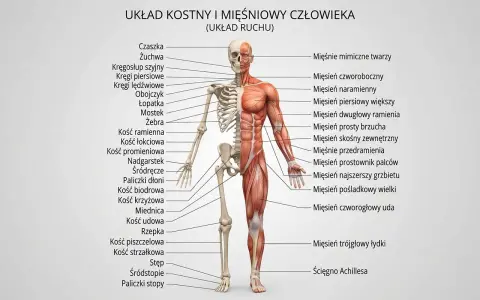 Anatomia człowieka: szkielet i mięśnie. Widoczne mięśnie szkieletowe ramienia, brzucha i nogi, obok kości.