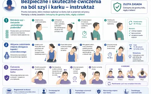 Ćwiczenia na ból szyi i karku: retrakcja szyi, rozluźnianie mięśni, ćwiczenia izometryczne. Pomagają przy skręconym karku.