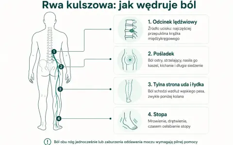 Ilustracja pokazuje, jak ból rwy kulszowej promieniuje od odcinka lędźwiowego przez pośladek, udo, łydkę aż do stopy. To klucz do zrozumienia najskuteczniejszej metody na rwę kulszową.
