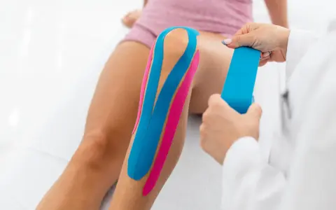 Fizjoterapeuta aplikuje plastry taping na kolano pacjentki, poprawiając stabilizację i wsparcie.