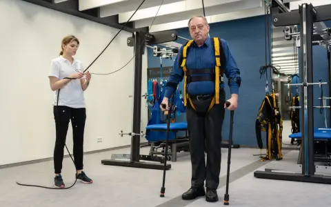 Starszy mężczyzna w specjalistycznej uprzęży wykonuje ćwiczenia rehabilitacyjne z pomocą fizjoterapeutki.