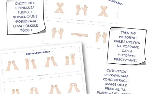 Ćwiczenia usprawniające przygotowanie motoryczne, koncentrację i praksję. Przykładowe karty z sekwencjami ruchów dłoni.