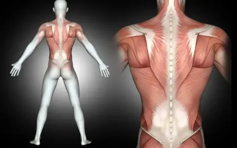 Anatomia pleców z widocznym mięśniem czworobocznym, ukazującym jego strukturę i połączenia z kręgosłupem.