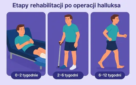 Etapy rehabilitacji po operacji haluksa: odpoczynek (0-2 tyg.), chodzenie o kulach (2-6 tyg.), powrót do aktywności (6-12 tyg.).