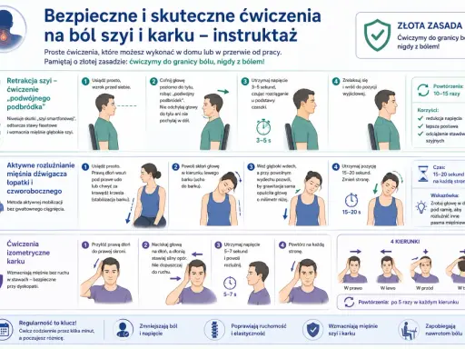 Ćwiczenia na ból szyi i karku: retrakcja szyi, rozluźnianie mięśni, ćwiczenia izometryczne. Pomagają przy skręconym karku.