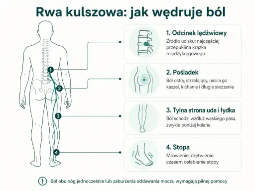 Ilustracja pokazuje, jak ból rwy kulszowej promieniuje od odcinka lędźwiowego przez pośladek, udo, łydkę aż do stopy. To klucz do zrozumienia najskuteczniejszej metody na rwę kulszową.