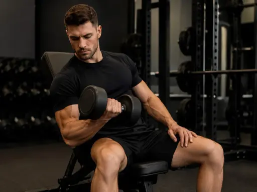Mężczyzna w czarnym T-shircie wykonuje trening oporowy, podnosząc hantle. Skupiony na ćwiczeniu bicepsów.