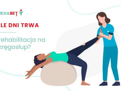 Rehabilitacja kręgosłupa: fizjoterapeuta pomaga pacjentce w ćwiczeniach na piłce. Dowiedz się, ile trwa rehabilitacja.