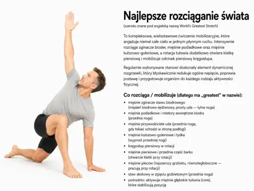 Mężczyzna wykonuje ćwiczenia na powięź, znane jako World's Greatest Stretch. Rozciąga biodra, nogi i tułów.