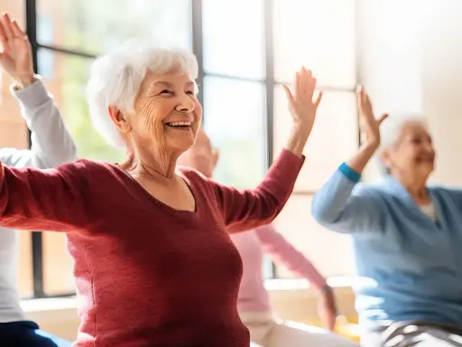 Uśmiechnięte seniorki wykonują ćwiczenia przeciwzakrzepowe, unosząc ręce w górę.