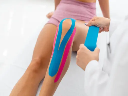 Fizjoterapeuta aplikuje plastry taping na kolano pacjentki, poprawiając stabilizację i wsparcie.