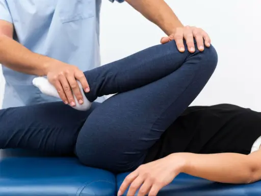 Fizjoterapeuta bada nogę pacjenta, sprawdzając zakres ruchu. Może to pomóc w diagnozie stłuczenia biodra objawy.