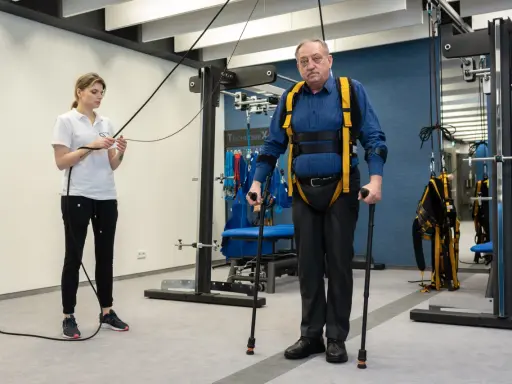 Starszy mężczyzna w specjalistycznej uprzęży wykonuje ćwiczenia rehabilitacyjne z pomocą fizjoterapeutki.