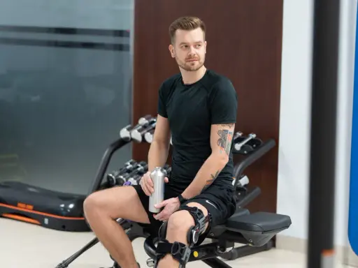 Mężczyzna w ortezie na kolanie, przygotowujący się do ćwiczeń rehabilitacyjnych łąkotki. Trzyma butelkę z wodą.