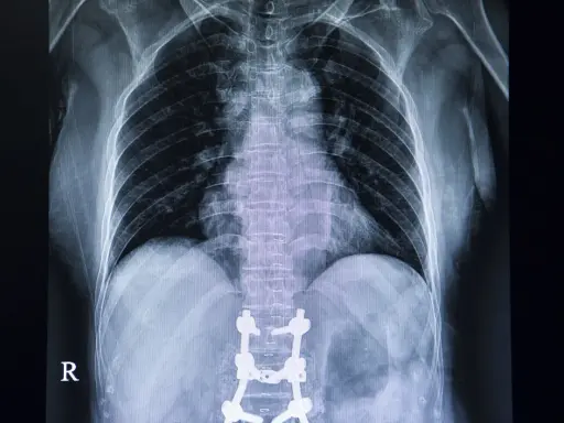 RTG klatki piersiowej z widocznymi implantami stabilizującymi kręgosłup lędźwiowy po operacji.