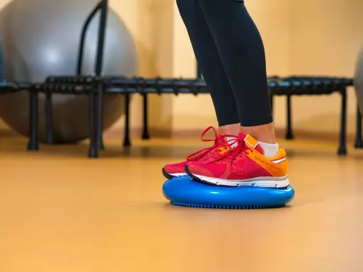 Nogi w butach sportowych stoją na niebieskiej poduszce sensorycznej, wykonując ćwiczenia równowagi.