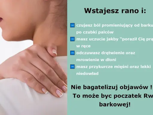 Ból promieniujący od barku, mrowienie w dłoni, uczucie porażenia prądem – to objawy neurologiczne mogące świadczyć o początku Rwy barkowej.