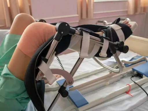 Pacjent w szpitalnym łóżku, z bandażem na kolanie, korzysta z urządzenia do rehabilitacji po endoprotezie kolana.