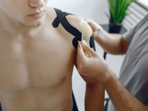 Fizjoterapeuta aplikuje taśmy kinezjotaping na bark mężczyzny. To część rehabilitacji barku po operacji, wspierająca ćwiczenia.