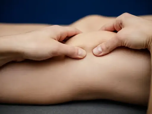 Fizjoterapeuta wykonuje masaż stawu kolanowego, pomagając w leczeniu chondromalacji rzepki. Ćwiczenia wzmacniające są kluczowe.