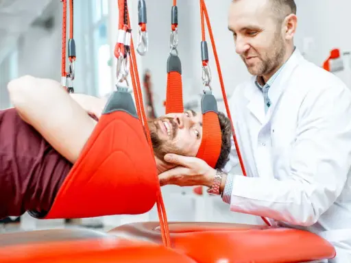 Fizjoterapeuta pomaga pacjentowi w ćwiczeniach odciążających kręgosłup lędźwiowy, stosując system podwieszeń.