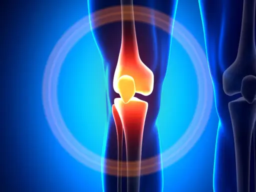Anatomia kolana z zaznaczonym bólem, sugerującym zerwanie ACL.