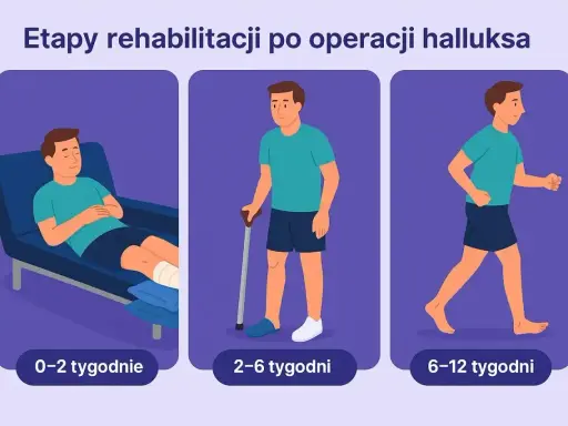 Etapy rehabilitacji po operacji haluksa: odpoczynek (0-2 tyg.), chodzenie o kulach (2-6 tyg.), powrót do aktywności (6-12 tyg.).