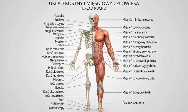 Anatomia człowieka: szkielet i mięśnie. Widoczne mięśnie szkieletowe ramienia, brzucha i nogi, obok kości.