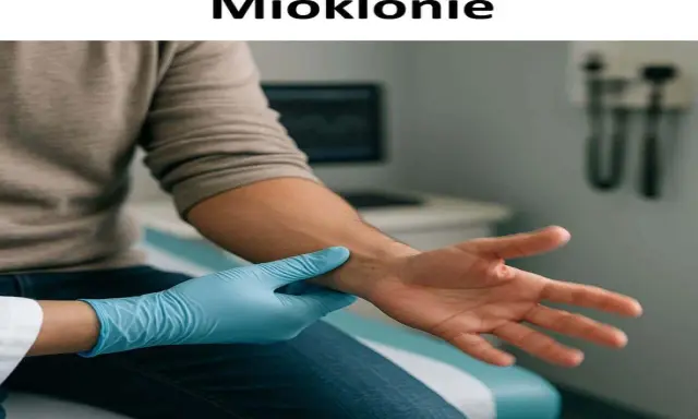 Lekarz w niebieskiej rękawiczce bada rękę pacjenta, u którego występują fascykulacje mięśni.