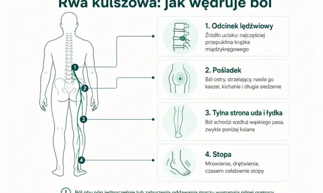 Ilustracja pokazuje, jak ból rwy kulszowej promieniuje od odcinka lędźwiowego przez pośladek, udo, łydkę aż do stopy. To klucz do zrozumienia najskuteczniejszej metody na rwę kulszową.