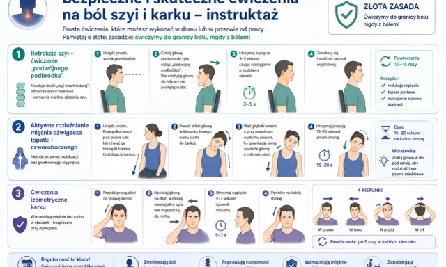 Ćwiczenia na ból karku: retrakcja szyi, rozluźnianie mięśni, ćwiczenia izometryczne. Proste instrukcje dla ulgi i profilaktyki.