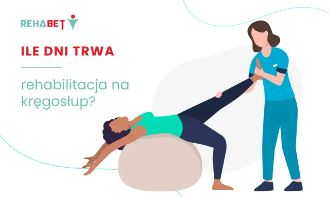 Rehabilitacja kręgosłupa: fizjoterapeuta pomaga pacjentce w ćwiczeniach na piłce. Dowiedz się, ile trwa rehabilitacja.