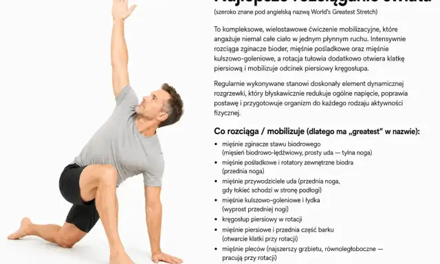 Mężczyzna wykonuje ćwiczenia na powięź, znane jako World's Greatest Stretch. Rozciąga biodra, nogi i tułów.