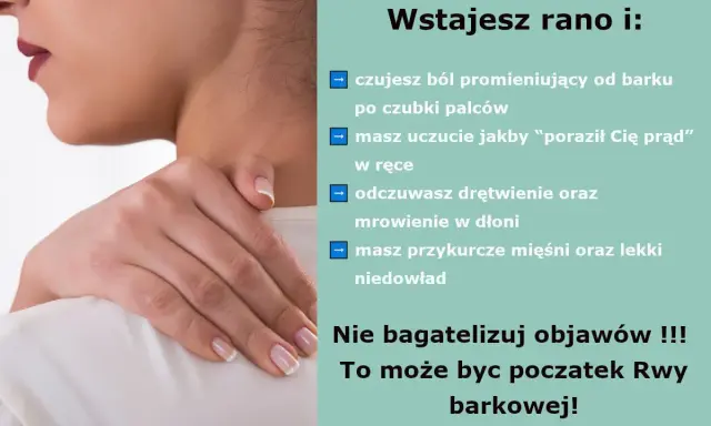 Ból promieniujący od barku, mrowienie w dłoni, uczucie porażenia prądem – to objawy neurologiczne mogące świadczyć o początku Rwy barkowej.