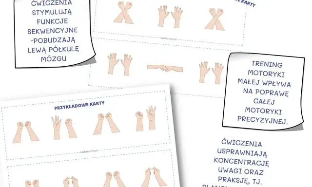 Ćwiczenia usprawniające przygotowanie motoryczne, koncentrację i praksję. Przykładowe karty z sekwencjami ruchów dłoni.