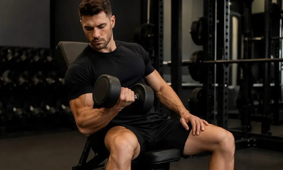 Mężczyzna w czarnym T-shircie wykonuje trening oporowy, podnosząc hantle. Skupiony na ćwiczeniu bicepsów.
