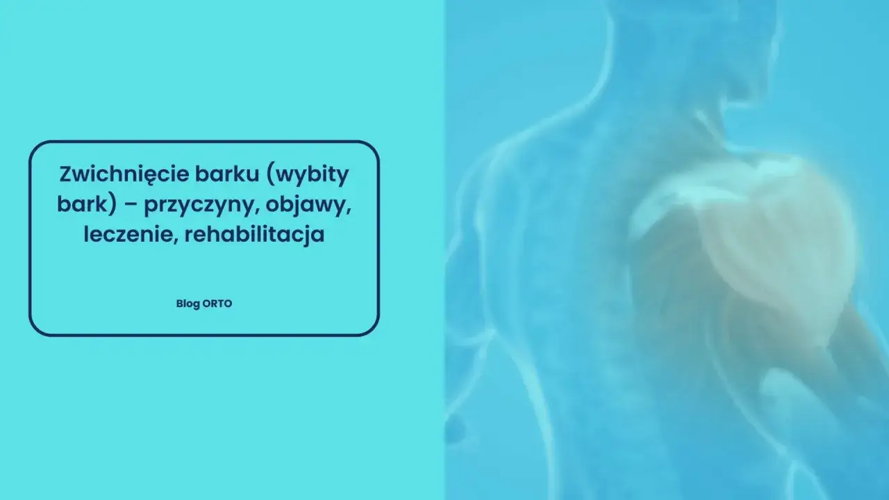 Anatomical illustration of a shoulder joint, with text detailing zwichnięcie barku (dislocated shoulder), its causes, symptoms, treatment, and rehabilitation.