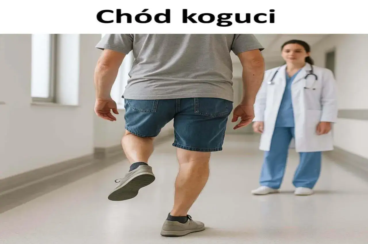 Pacjent wykonuje ćwiczenie r&oacute;wnowagi, pr&oacute;bując utrzymać bociani ch&oacute;d pod okiem lekarki w białym fartuchu.
