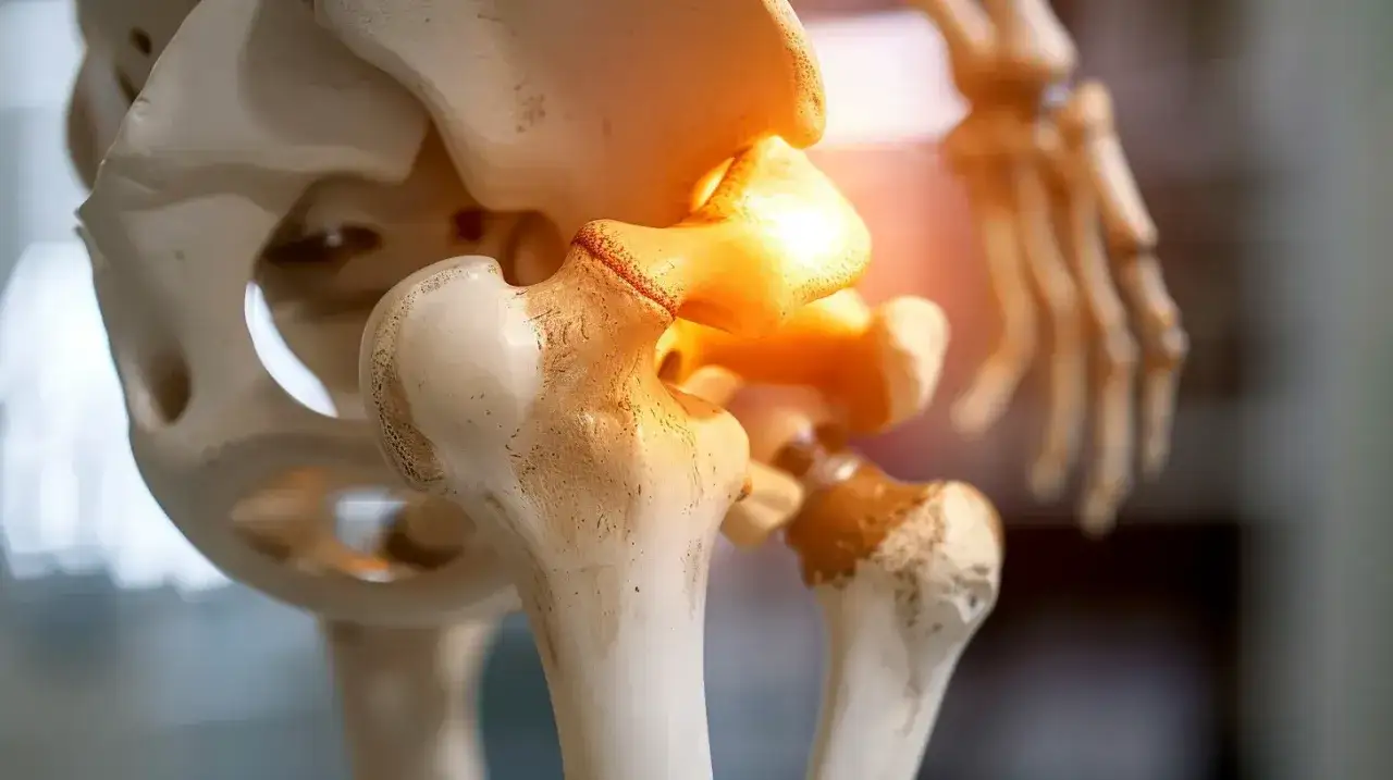 Model szkieletu ukazujący staw biodrowy z zaznaczonym b&oacute;lem. Objawy stłuczenia biodra mogą być widoczne na tym modelu.
