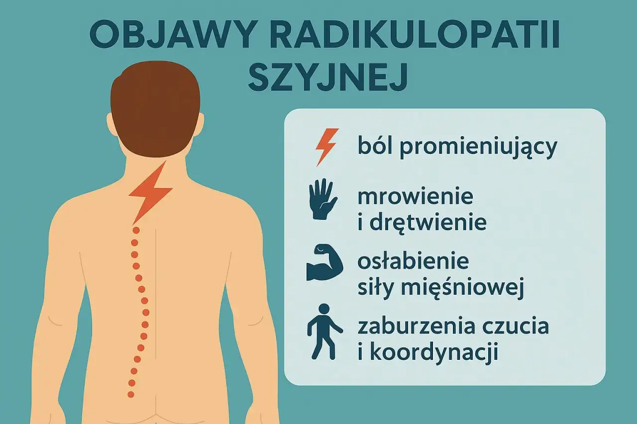 Ilustracja przedstawia objawy radikulopatii szyjnej: ból promieniujący, mrowienie, drętwienie, osłabienie mięśni i zaburzenia koordynacji.