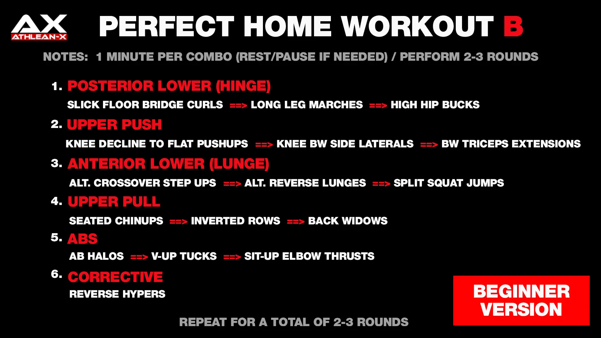 Plan ćwiczeń w domu: Posterior Lower, Upper Push, Anterior Lower, Upper Pull, Abs, Corrective. Idealne ćwiczenia w domu dla początkujących.